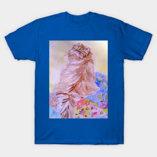 Cat On A Patchwork Quilt Watercolor Art Painting T-Shirt